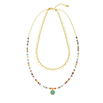 Agatha Paris - Double row necklace / multi coloured heshi beads and gold chain