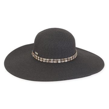 Sun 'n' Sand - Floppy Wide Brim Bead Trim Hat -  Black