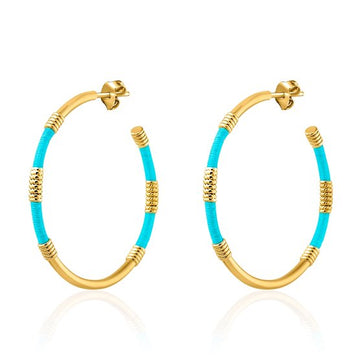 Agatha Paris - Gold hoop earrings with turquoise thread wrap detail.