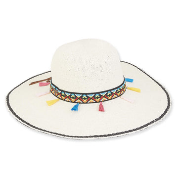 Sun 'n' Sand - Wide Brim Hat - Multi Colour Tassel / Ivory