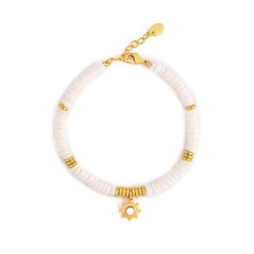 Agatha Paris - Heishi stone bracelet with gold sun medal - White